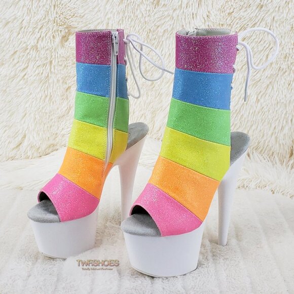 Pleaser Shoes - Brand New Adore 1018RBG High Heel Platform Ankle Boot White Neon Rainbow Glitter